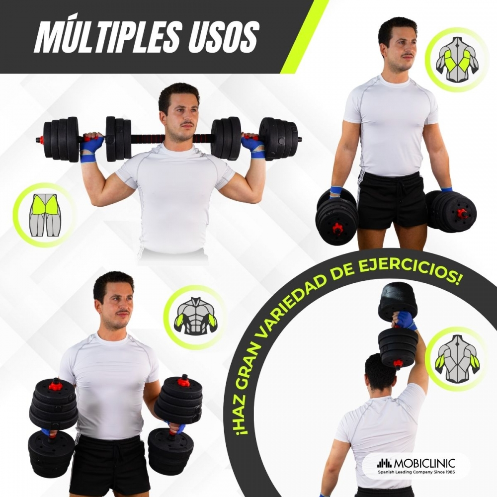 Hombre levanta pesas, mostrando ejercicios de piernas, pecho y brazos.