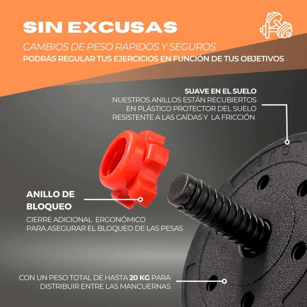 Anillos de bloqueo rojos para mancuernas y discos negros con peso.