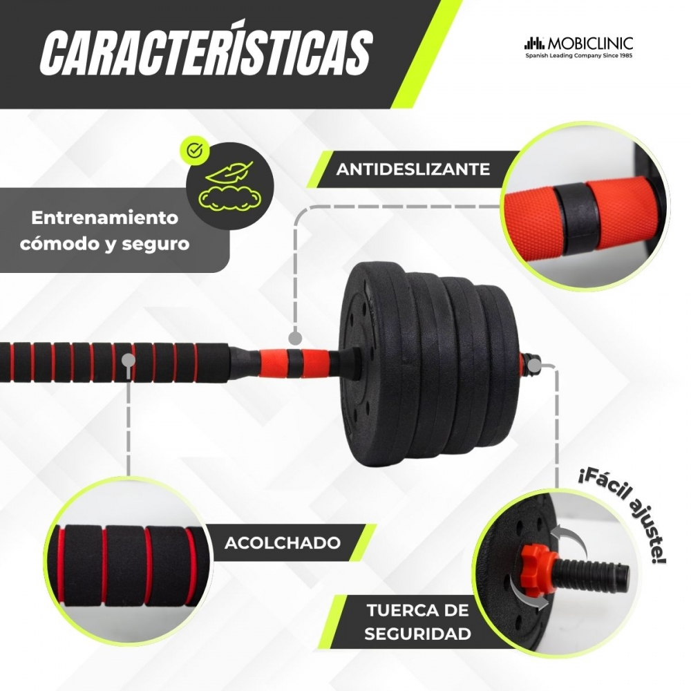 Mancuerna ajustable con agarre acolchado, antideslizante y tuerca de seguridad.