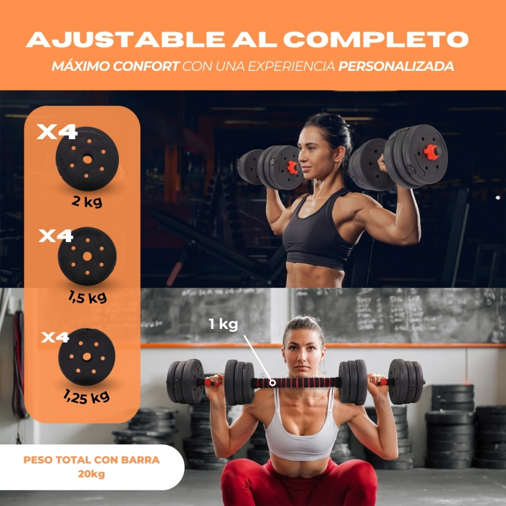 Dos mujeres entrenan con mancuernas. Una de pie, otra en cuclillas. Se ven pesas.