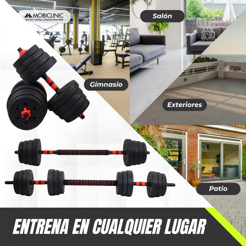 Mancuernas y barra en diversos entornos de entrenamiento.