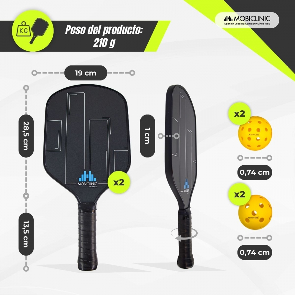 Dos palas de pickleball negras con medidas y dos pelotas amarillas (0,74 cm).