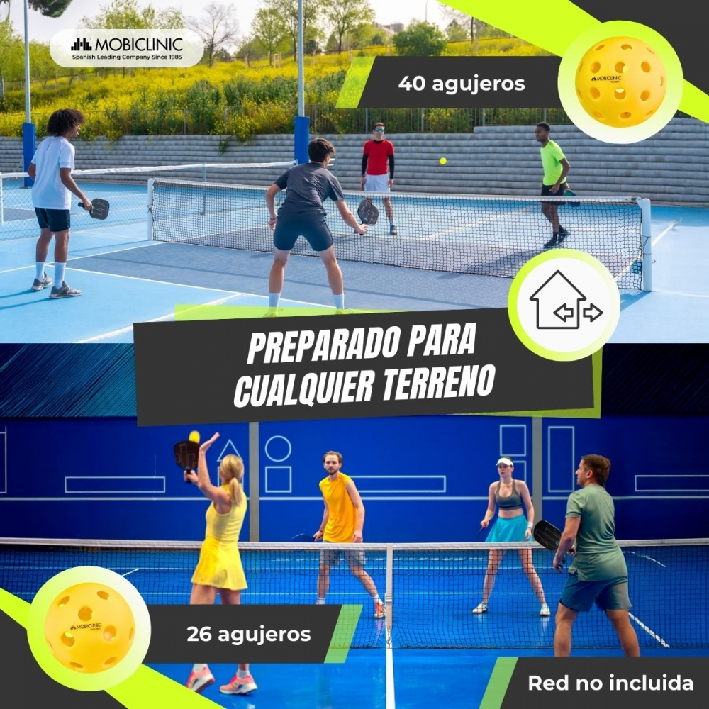 Dos partidos de pickleball en pistas azules, uno con 40 agujeros, otro con 26.