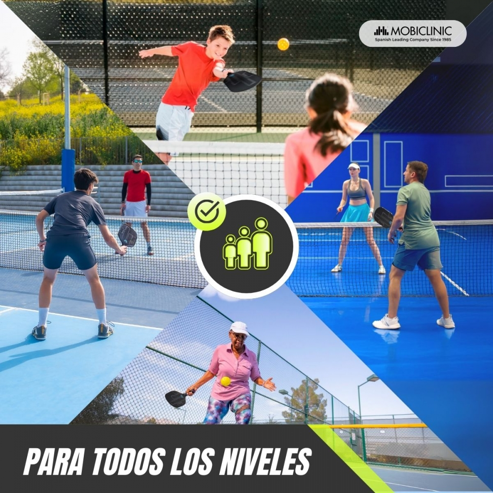 Collage muestra personas de todas las edades jugando pickleball. Logo Mobiclinic en la parte superior derecha.