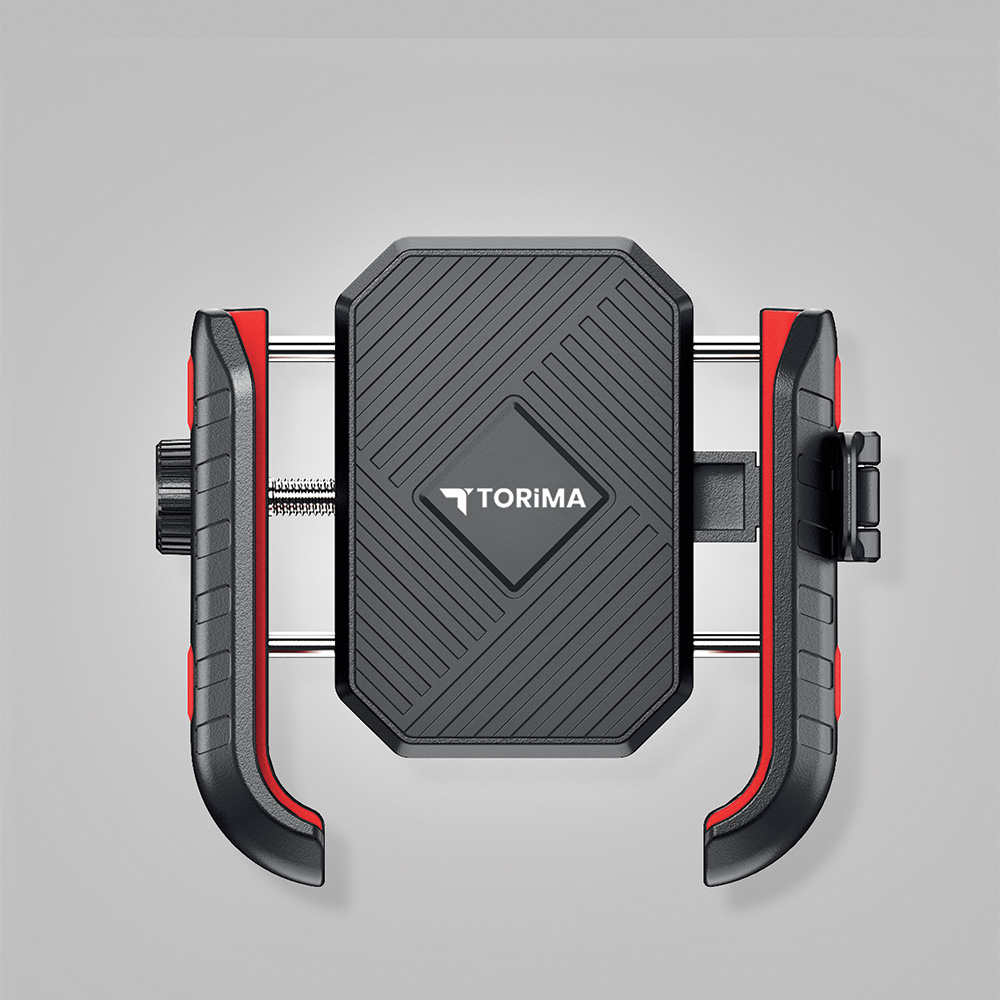 Kırmızı vurgulu siyah telefon tutucu ve Torima logosu.