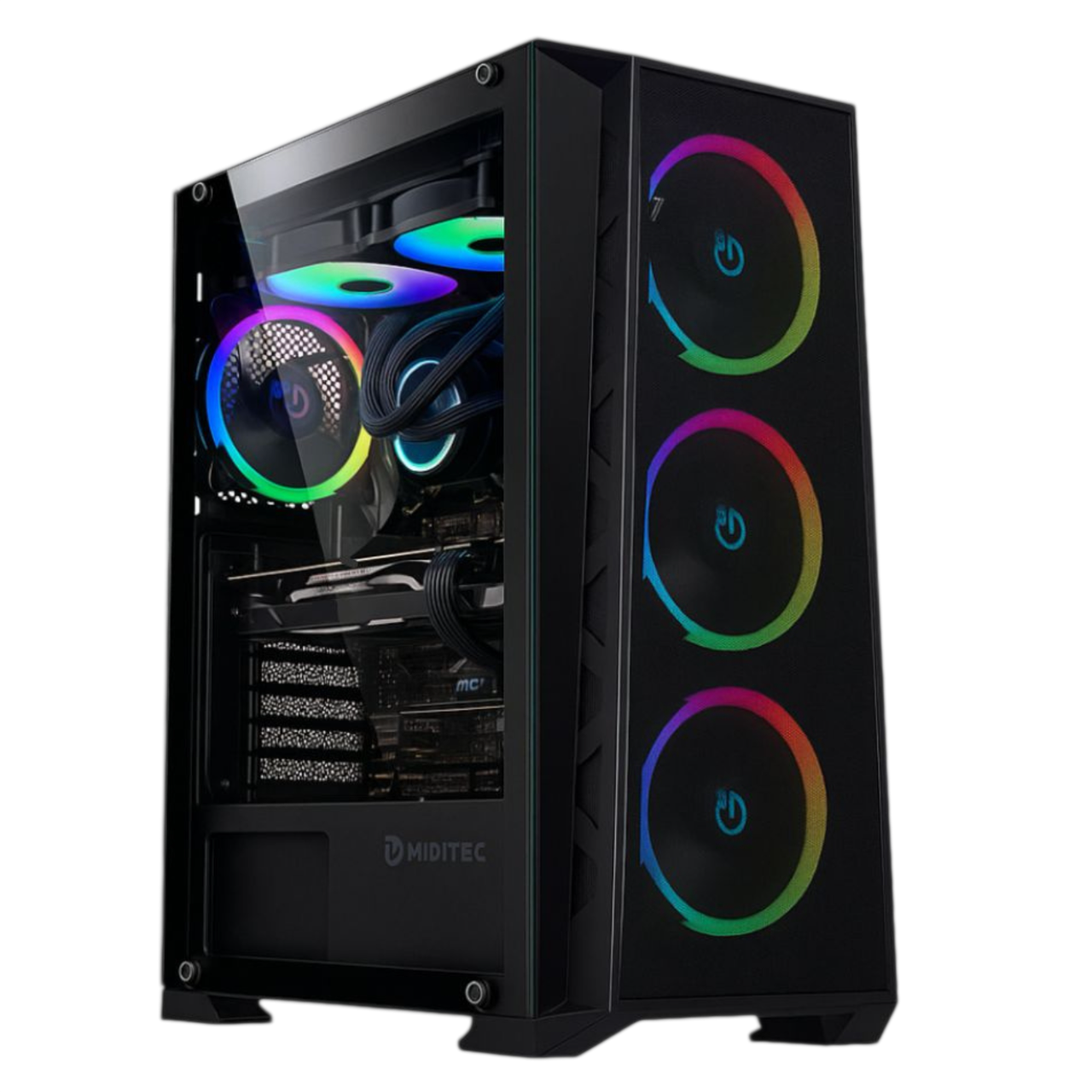 Una caja de PC negra con frontal de cristal y ventiladores RGB que muestran luces coloridas.