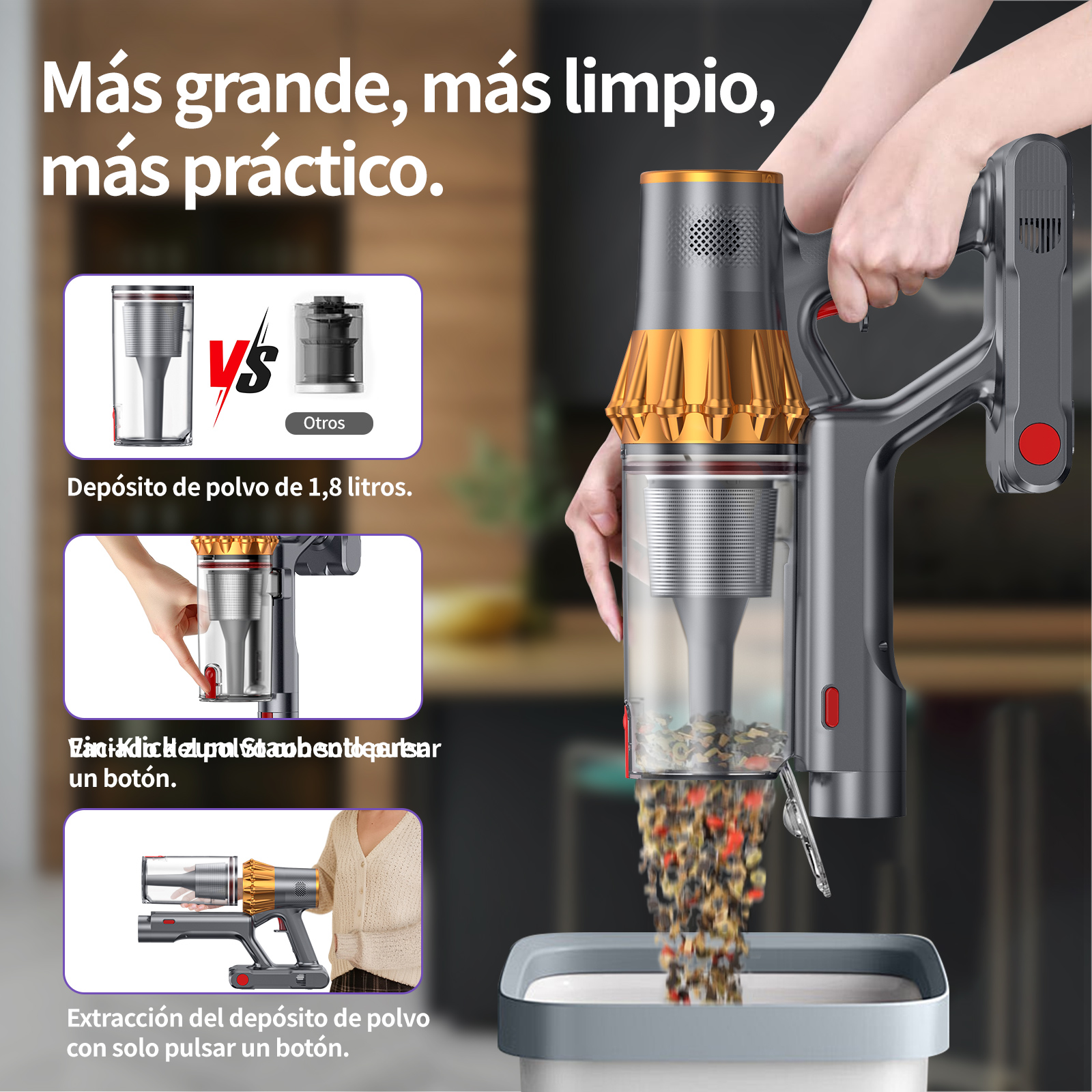 Una aspiradora de mano con depósito grande, se vacía con un botón.