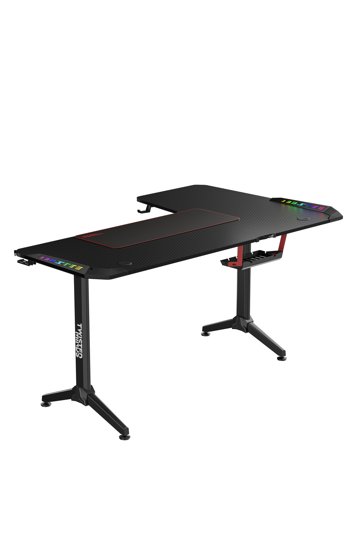 Kenarlarında RGB aydınlatmalı, L şeklinde siyah bir oyuncu masası ve mousepad.