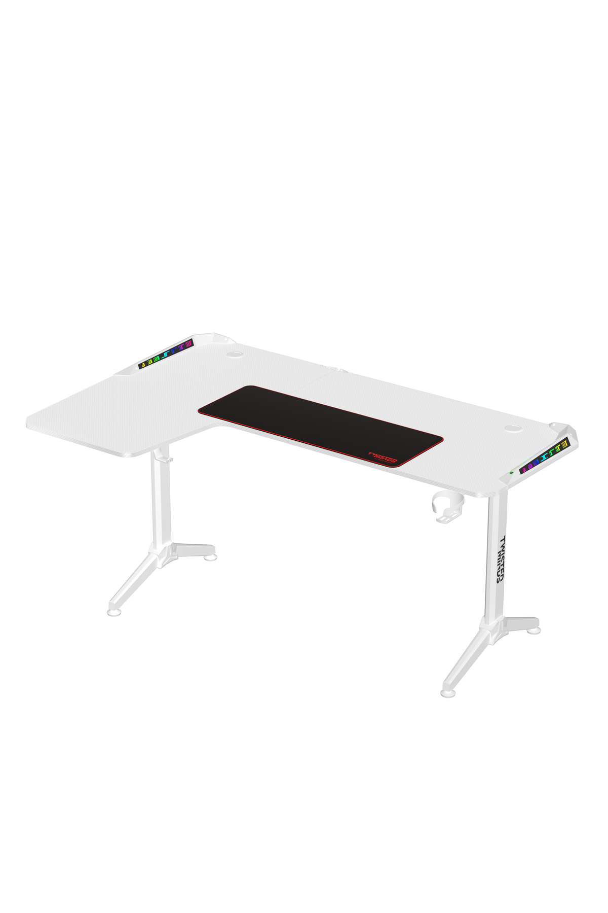 RGB aydınlatmalı beyaz oyuncu masası ve siyah mousepad.