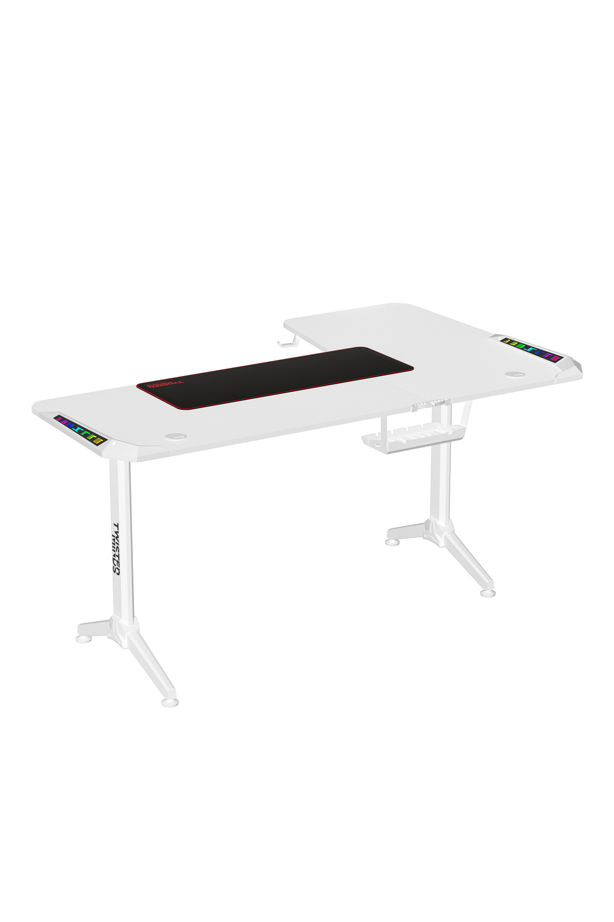 Siyah mousepad ve RGB aydınlatmalı beyaz L şeklinde oyun masası.