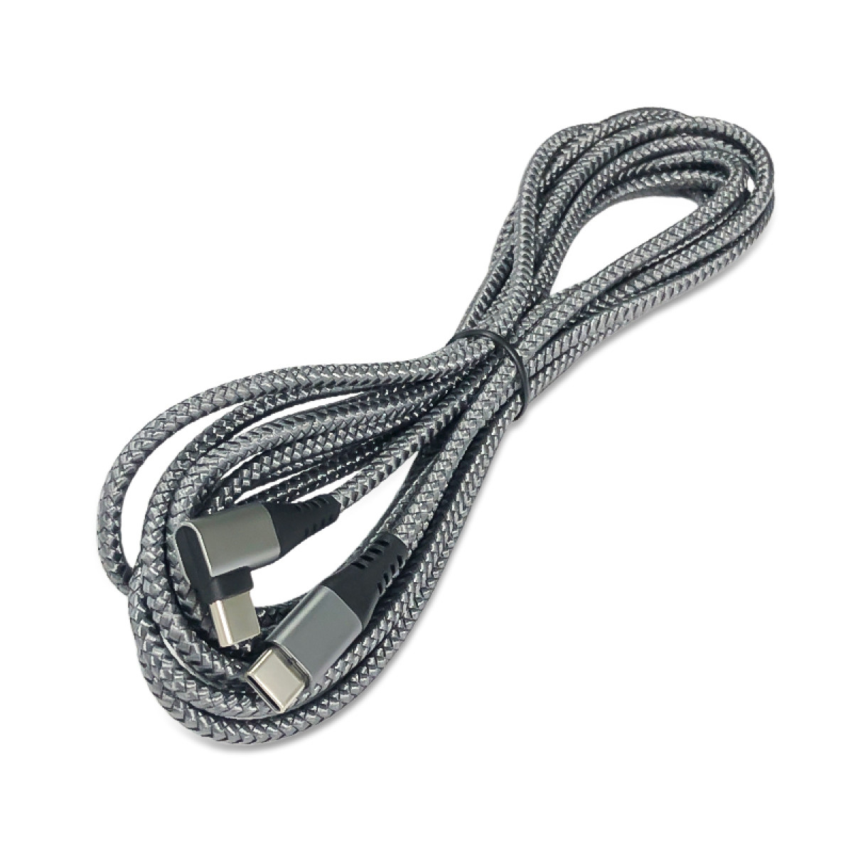 Graues USB-C-Ladekabel mit zwei Anschlüssen, auf weißem Hintergrund.