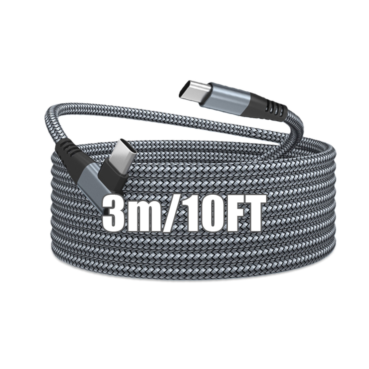 Graues USB-C-Kabel mit 3m/10ft, aufgerollt, weiße Schrift.