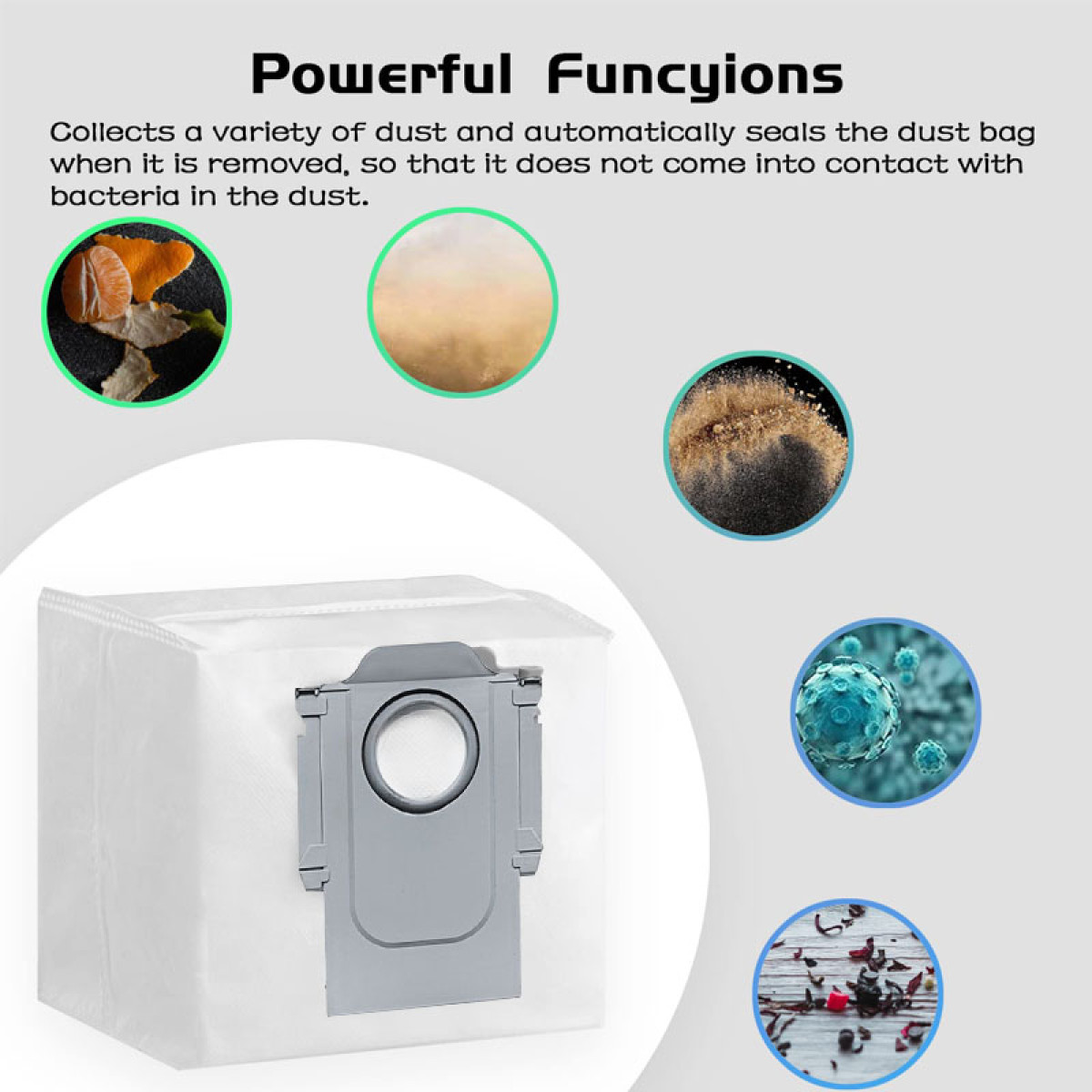 Biały worek na kurz z szarym zamknięciem, otoczony obrazami kurzu i bakterii.