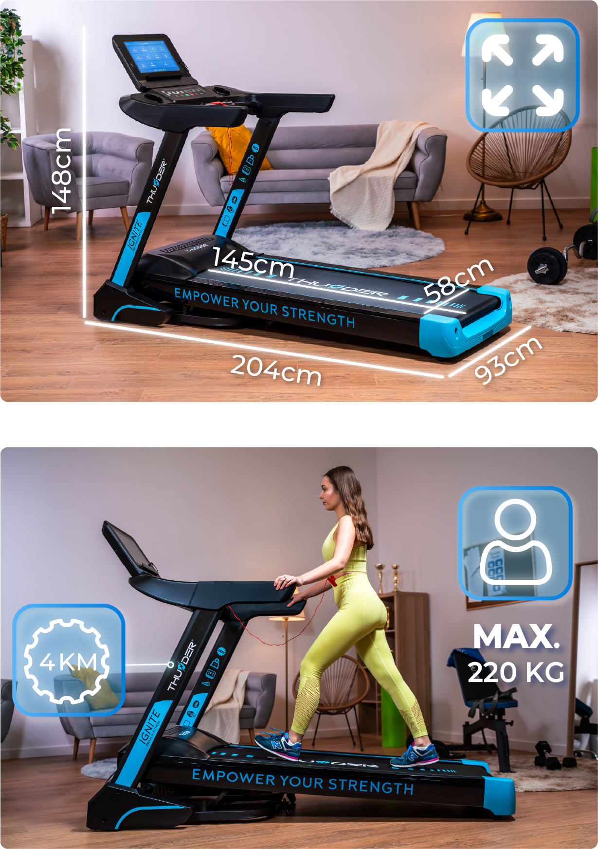 Bieżnia z wymiarami, w salonie, z biegnącą na niej kobietą.