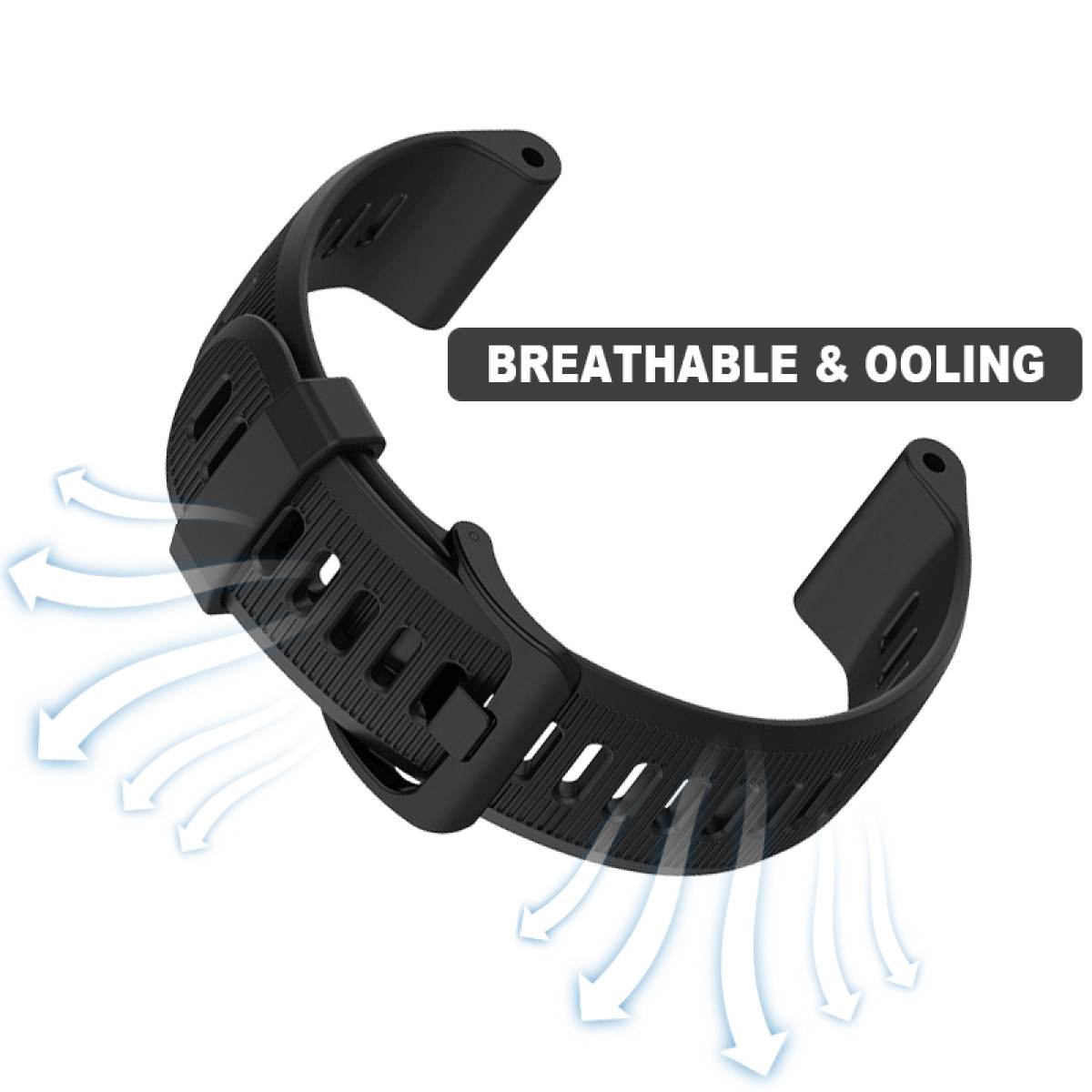 Czarna opaska na zegarek z otworami wentylacyjnymi i strzałkami pokazującymi przepływ powietrza.