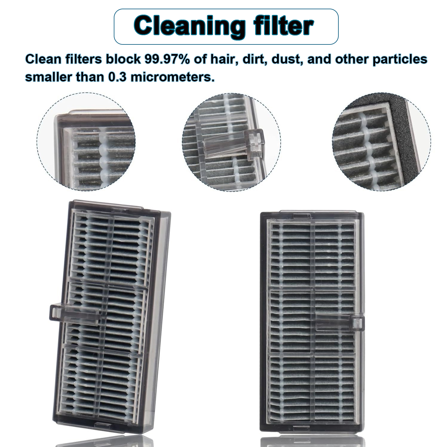 Dwa prostokątne szare filtry z listwami, stojące na białym tle.