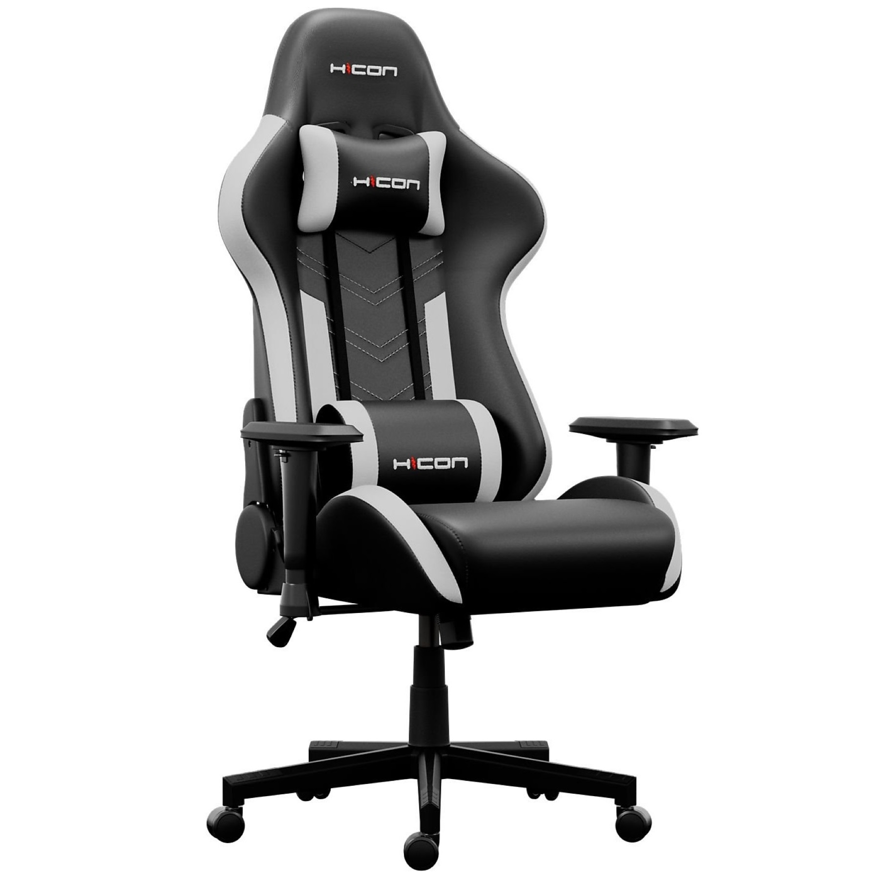 Un fauteuil gamer noir avec accents blancs et logo Hicon.