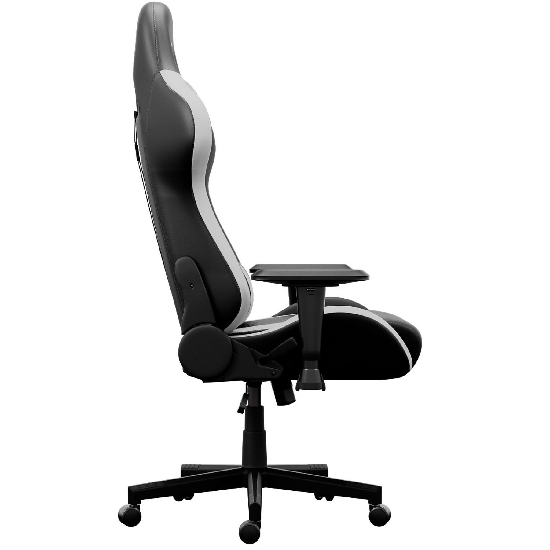 Chaise gaming noire avec accents gris, vue de profil sur fond blanc.