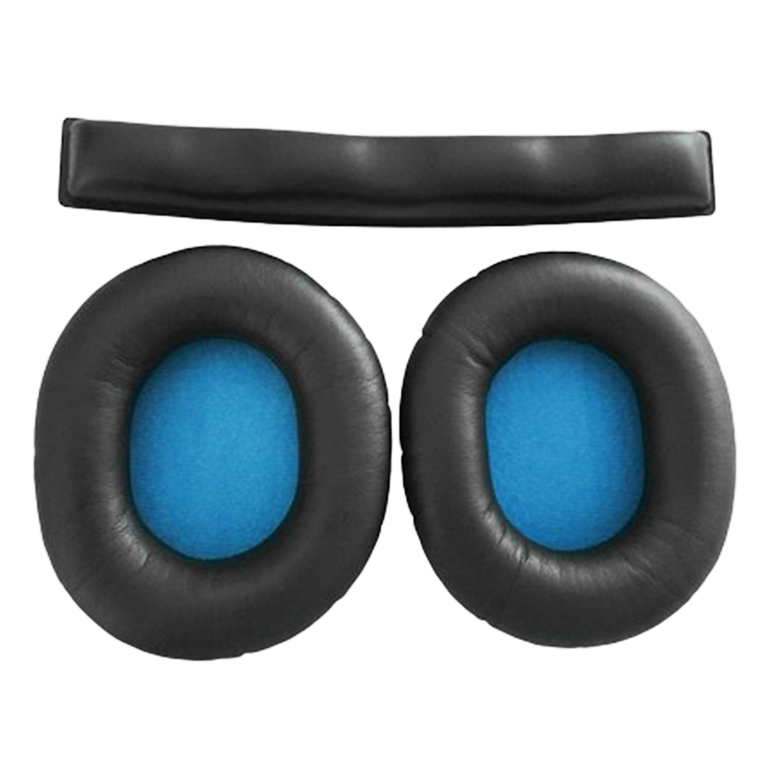 Schwarze Kopfhörerpolster mit blauem Einsatz und einem Kopfbügel.
