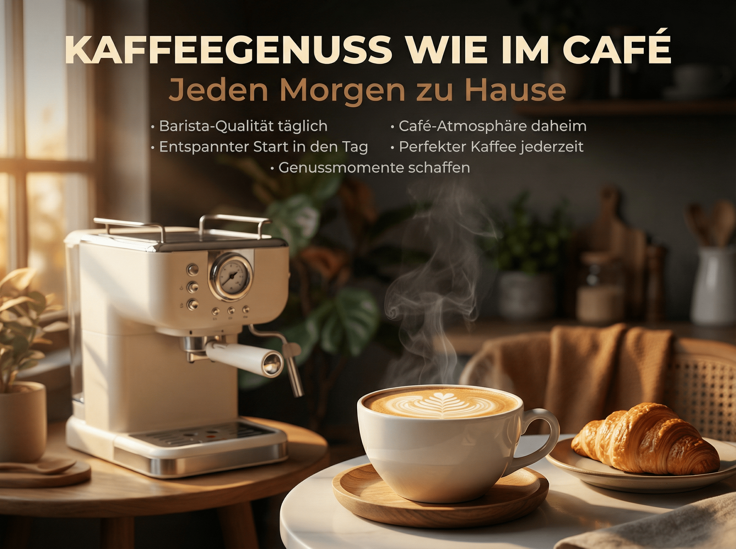 Eine Espressomaschine, eine dampfende Kaffeetasse und ein Croissant auf einem Tisch.
