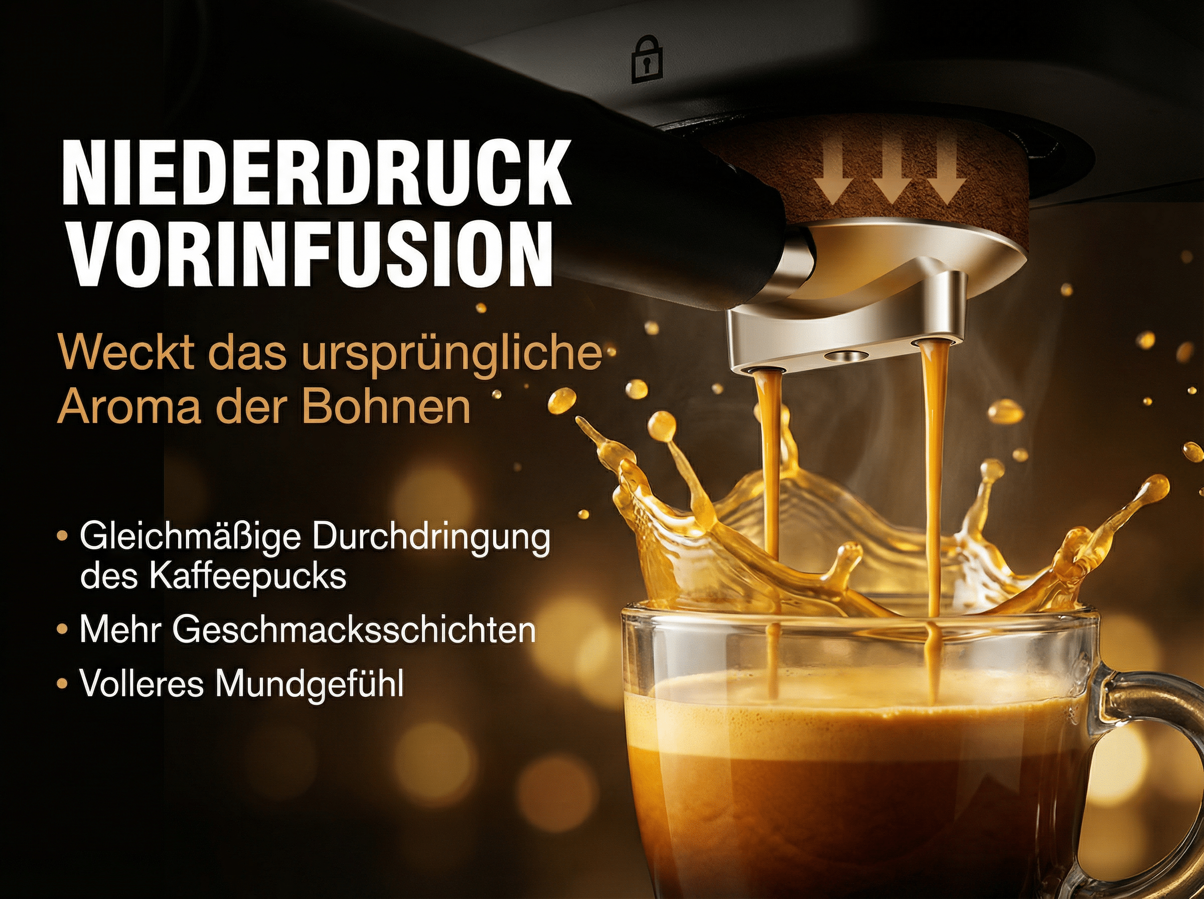 Kaffeemaschine brüht Espresso in eine Glas Tasse. Niederdruck-Vorinfusion.