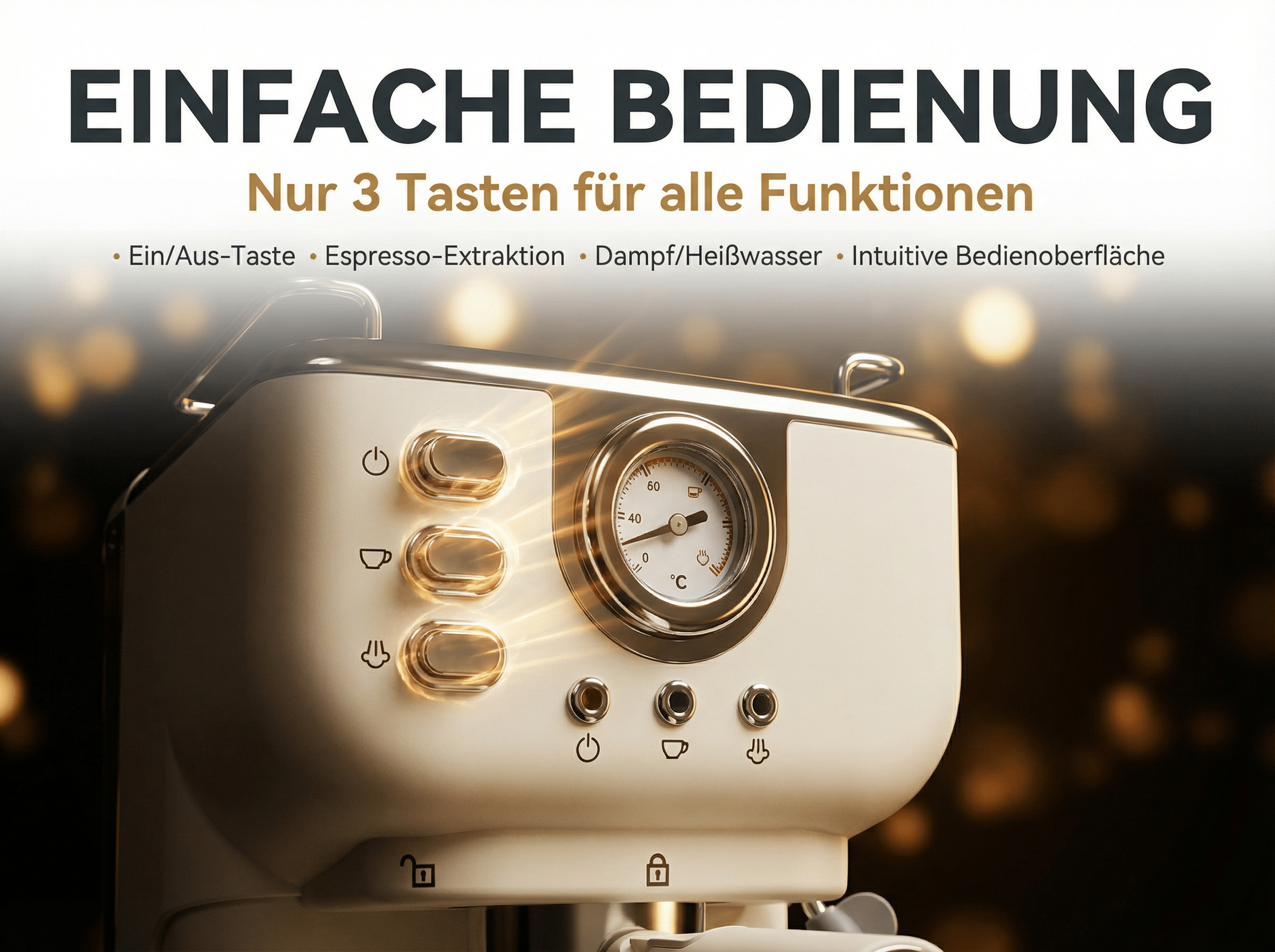 Eine cremefarbene Kaffeemaschine mit drei Tasten und einem Thermometer.