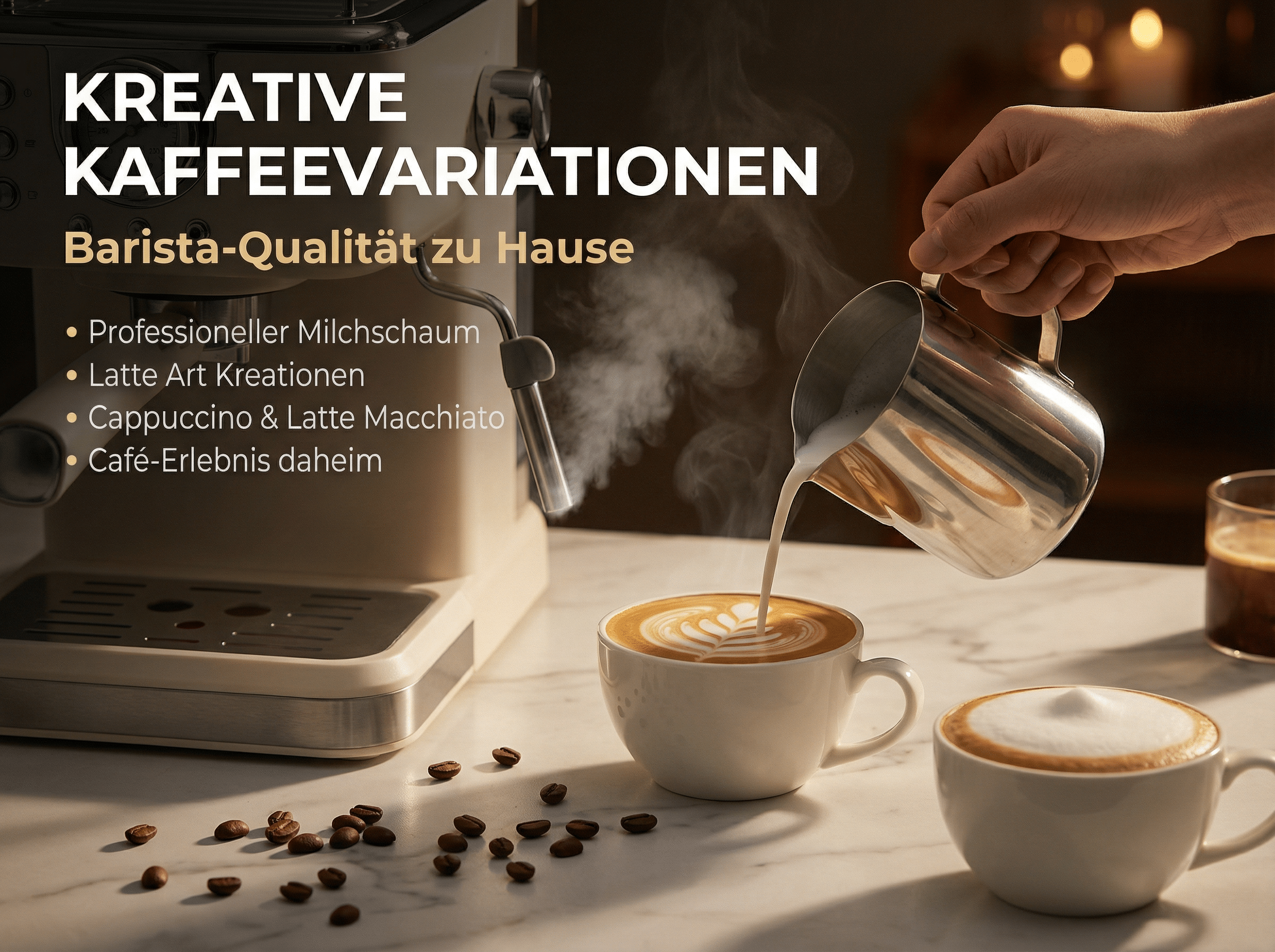 Eine Hand gießt Milch in eine Tasse mit Latte Art neben einer Kaffeemaschine.