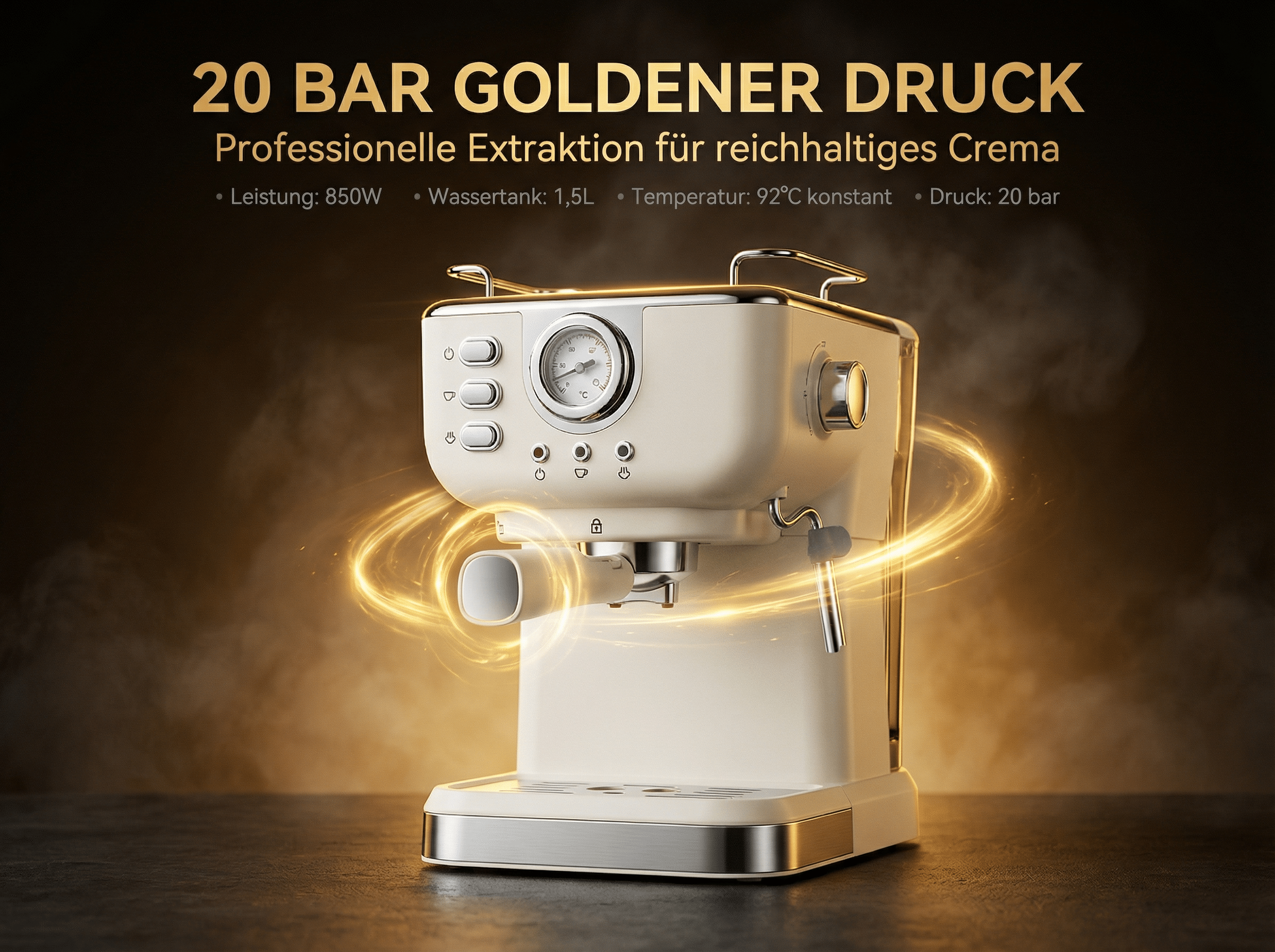 Eine cremefarbene Espressomaschine mit goldenen Akzenten und Druckanzeige.