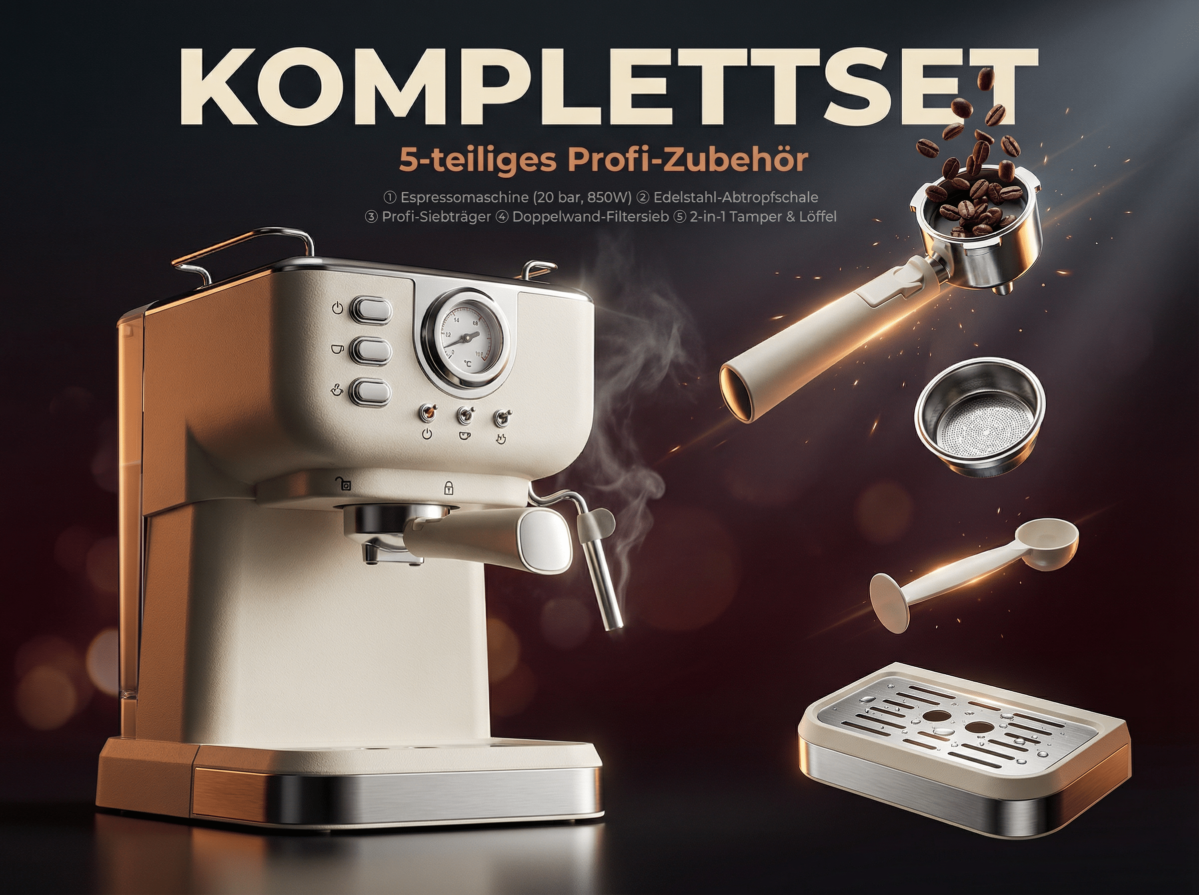 Espressomaschine mit Zubehör, Kaffeebohnen und Dampf vor dunklem Hintergrund.