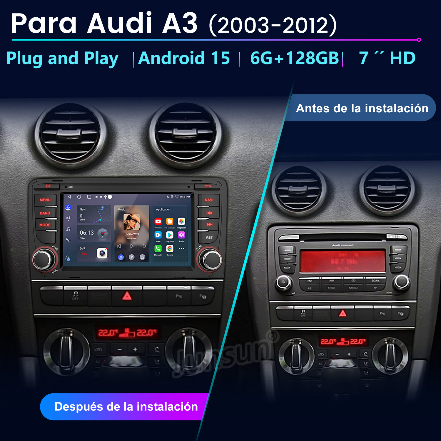 Comparación de radio de coche Audi A3 antes y después de instalar pantalla táctil.
