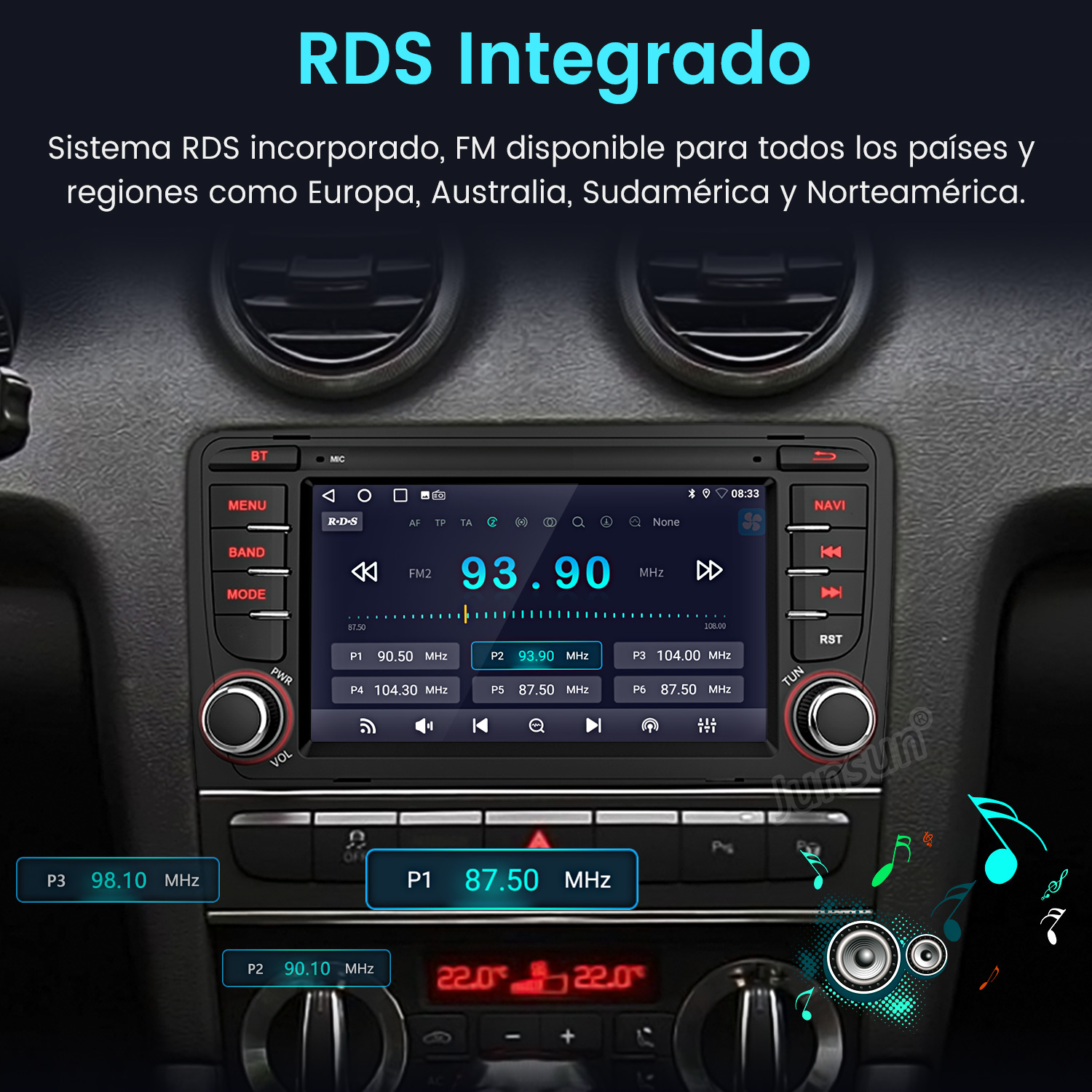 Radio de coche con RDS: Emisora 93.90 MHz, emisoras preestablecidas P1-P6.