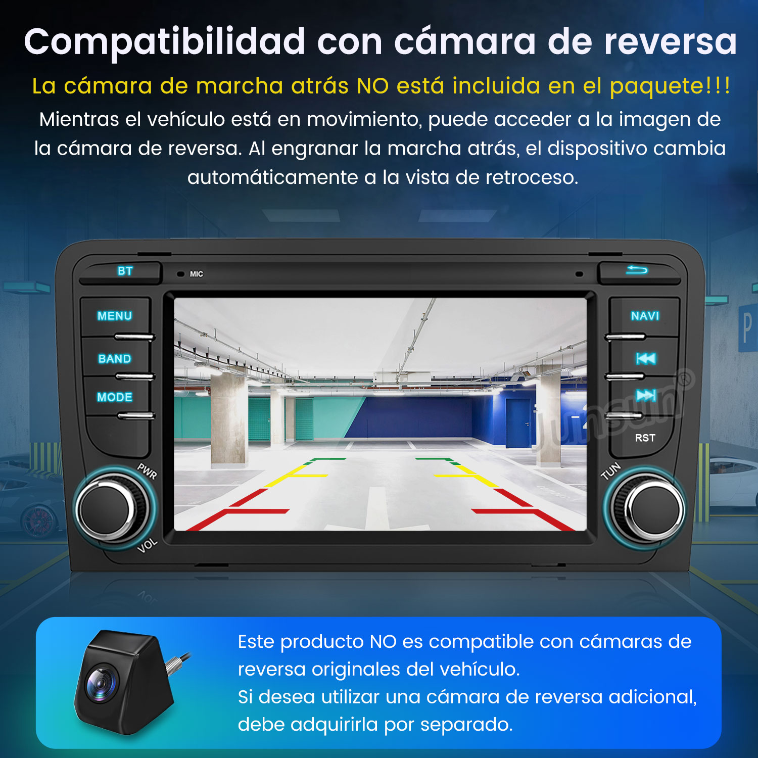 Radio de coche muestra vista de garaje desde cámara trasera.