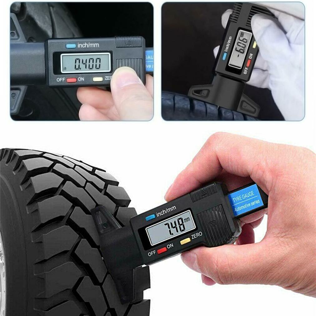 Medidor digital de profundidad de banda de rodadura mide 0,400 pulg. y 7,48 mm.