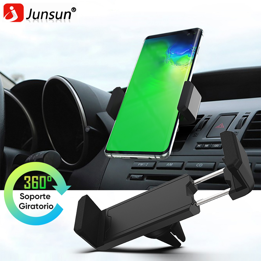 Un soporte negro para teléfono con un smartphone en el salpicadero de un coche.