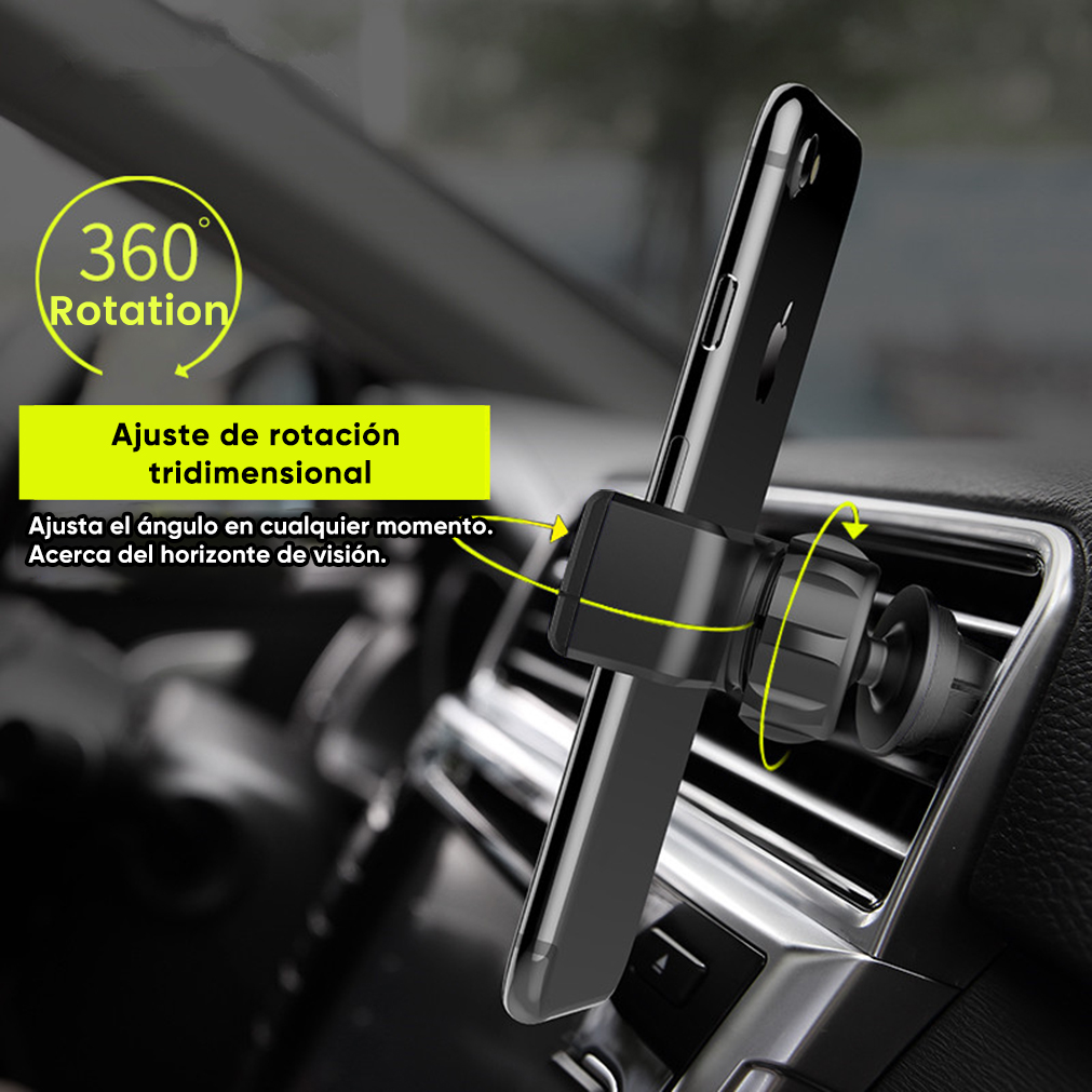 Un soporte negro para teléfono se sujeta a una ventilación de coche.