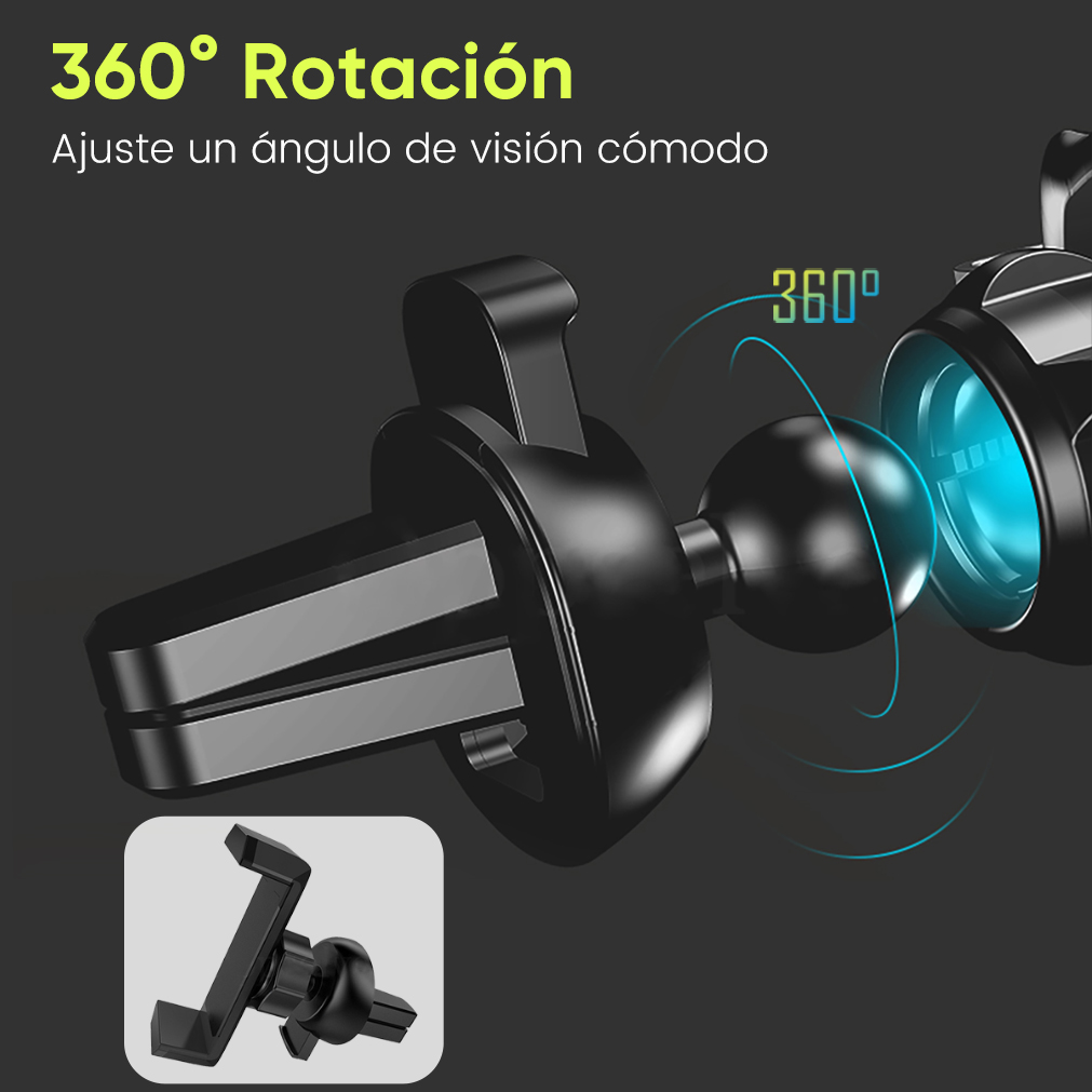 Un soporte negro para teléfono en ventilación de coche con rotación 360.
