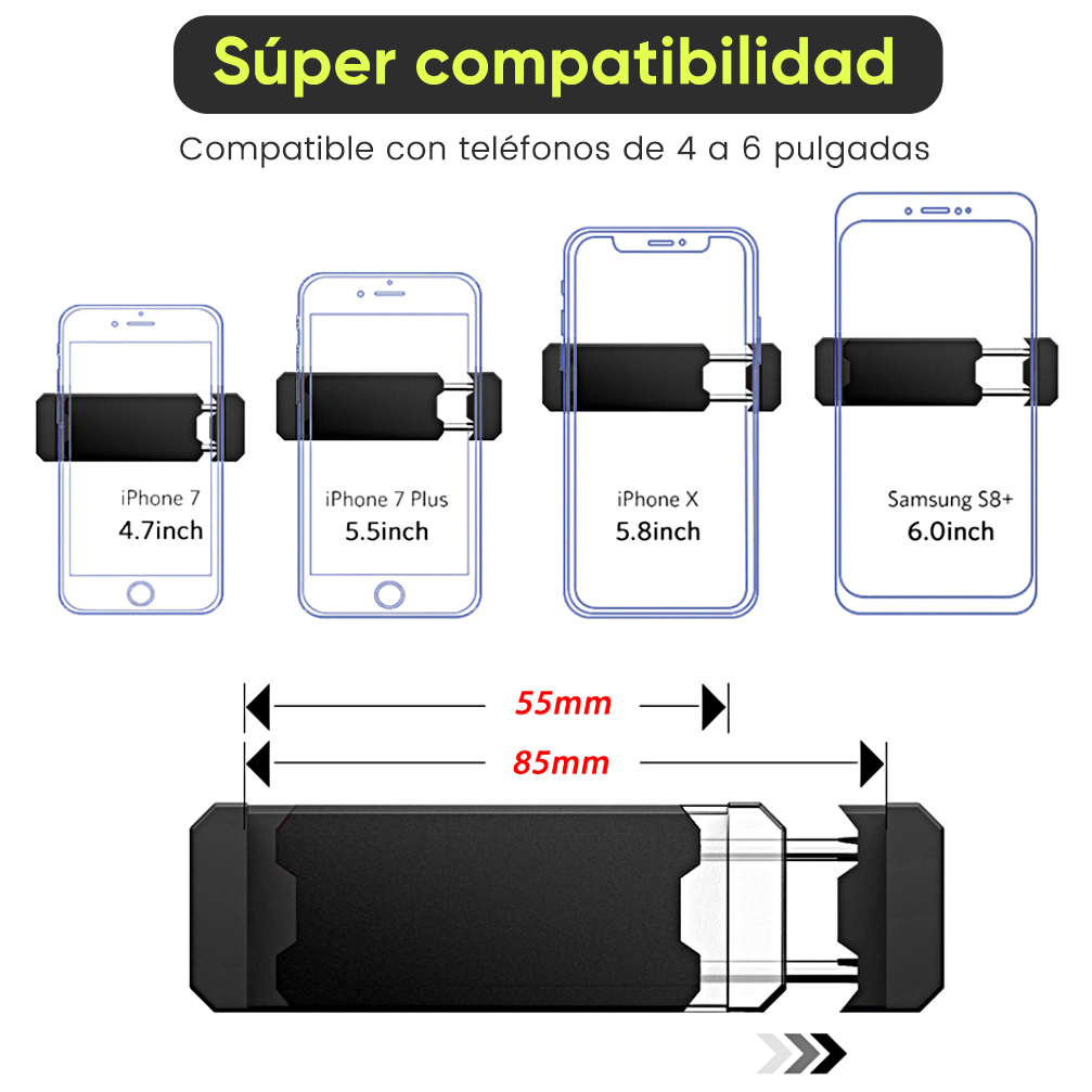 Ilustración de smartphones en soportes, especificaciones y dimensiones.
