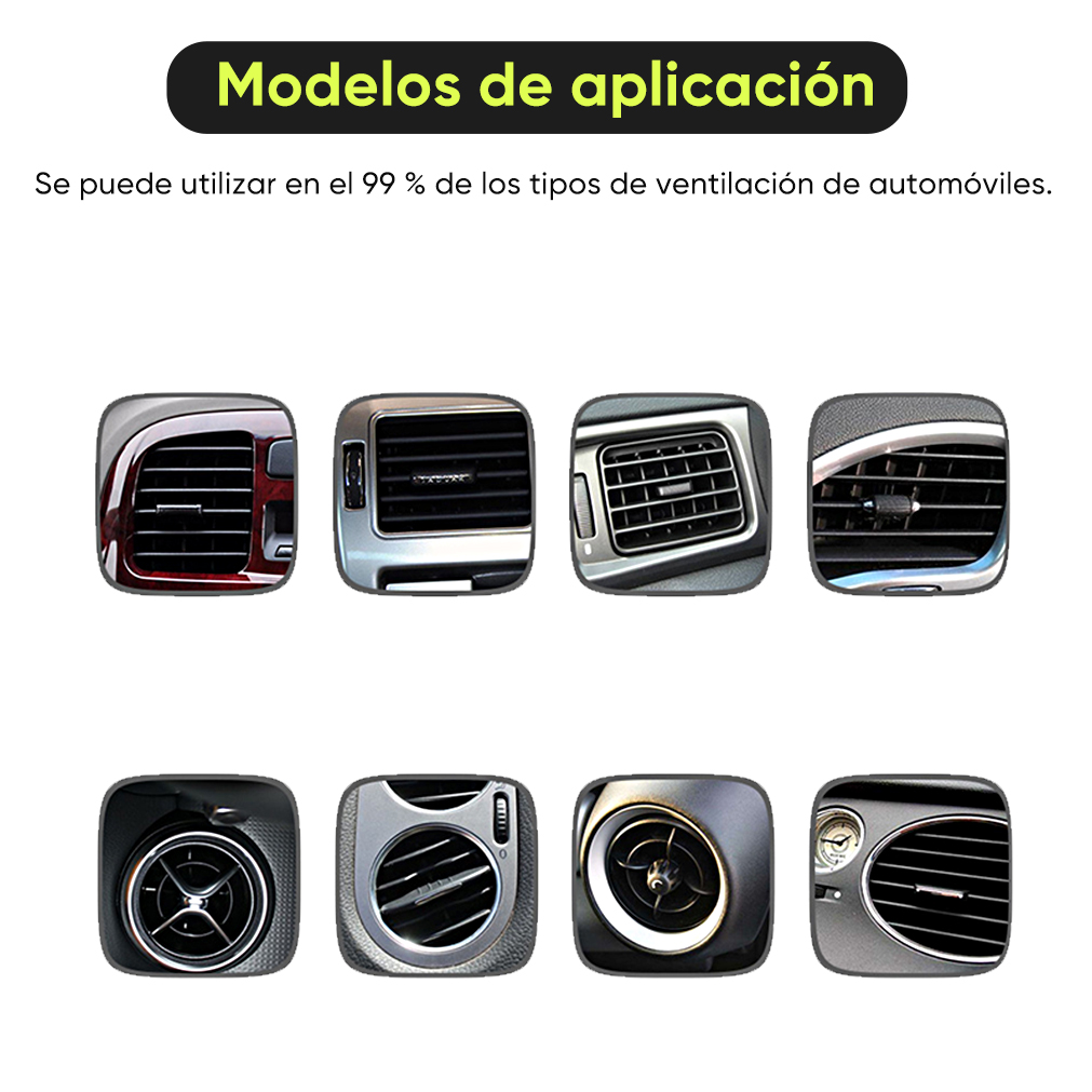 Ocho rejillas de ventilación de coche diferentes en una cuadrícula.