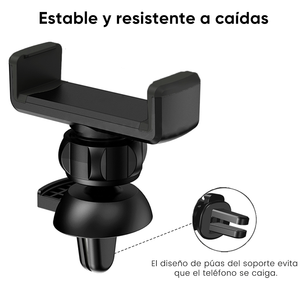 Un soporte negro para teléfono en ventilación de coche con brazo ajustable.