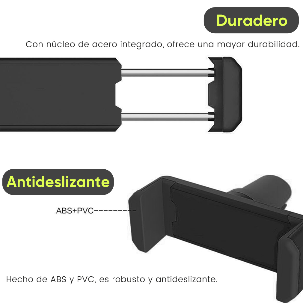 Un soporte negro para teléfono con núcleo de acero y superficie antideslizante.