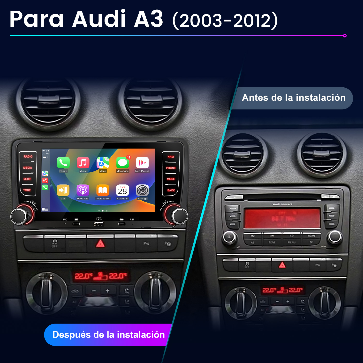 Comparación de sistemas de radio de Audi A3: antes y después.