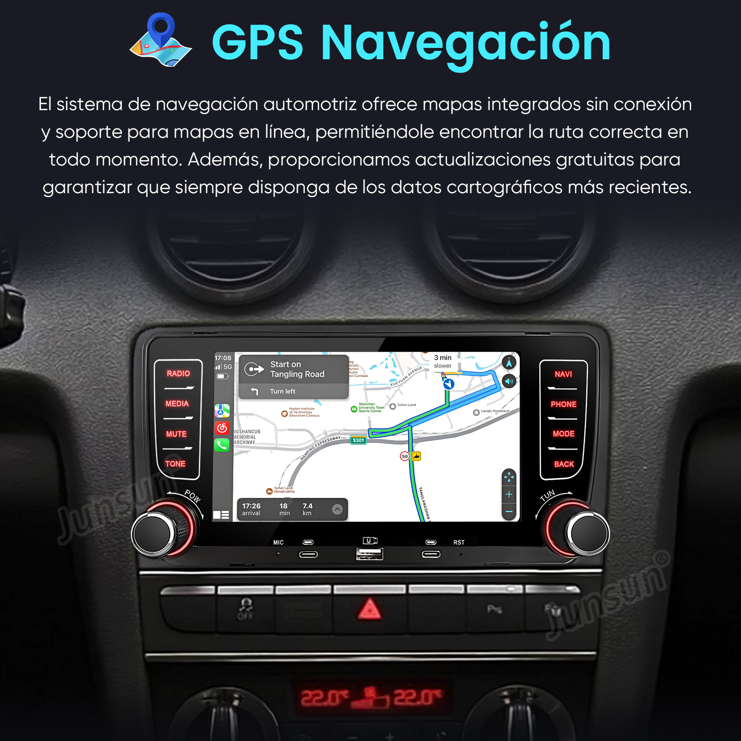 Salpicadero de coche con pantalla de navegación GPS mostrando una ruta.