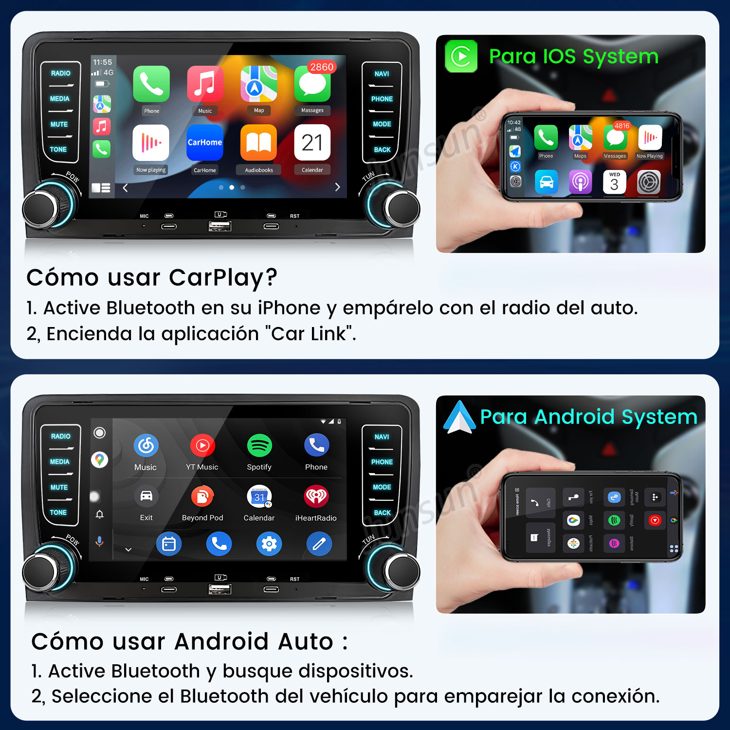 Pantallas con menús CarPlay y Android Auto. Izquierda: Sistemas de infoentretenimiento de coche.