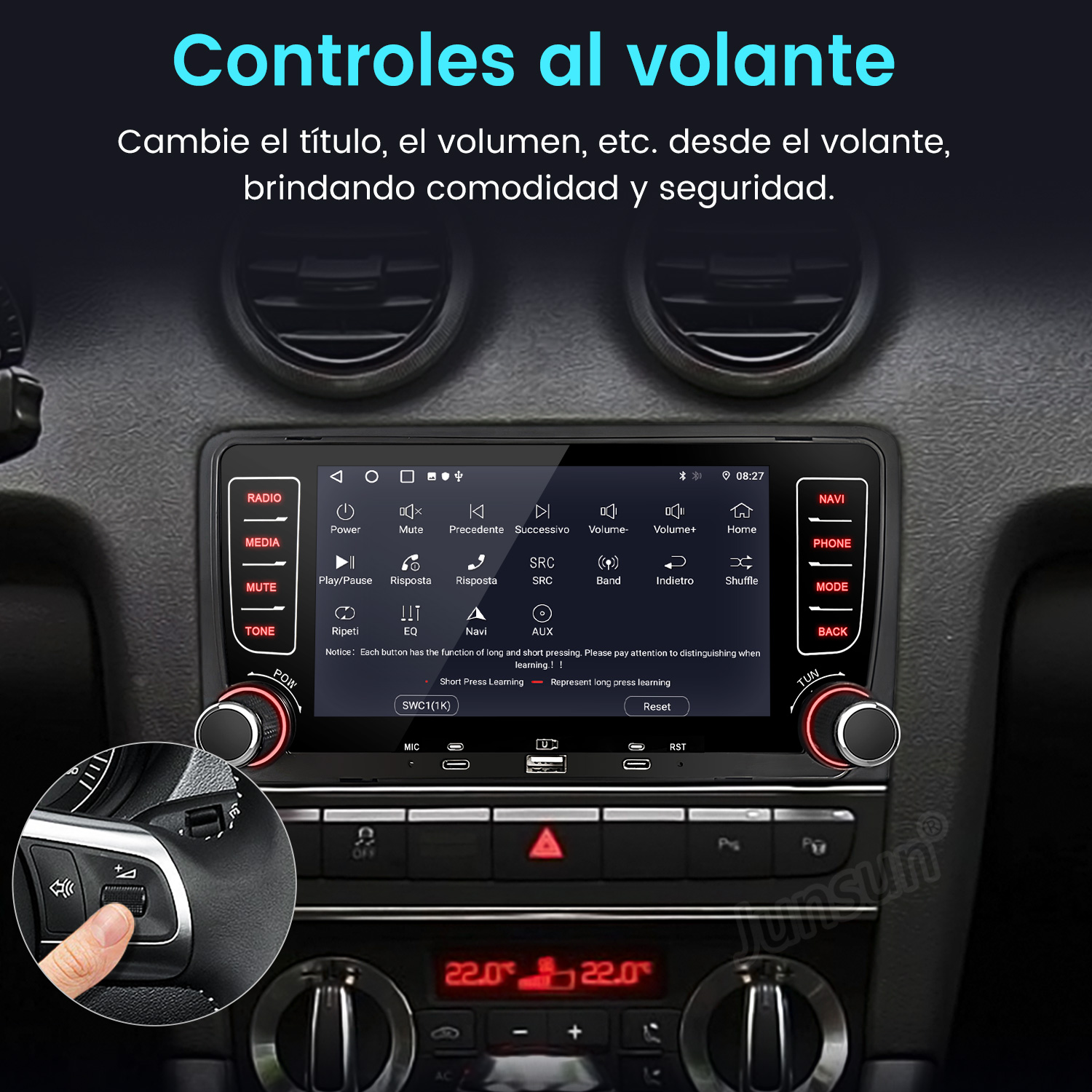 Se muestra un sistema de infoentretenimiento para coche con controles en el volante.
