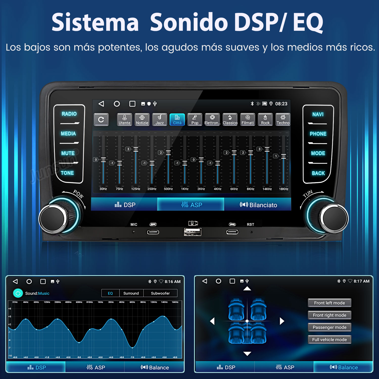 Sistema de infoentretenimiento para automóvil que muestra ajustes DSP/EQ, curvas de ecualizador y modos de altavoz.