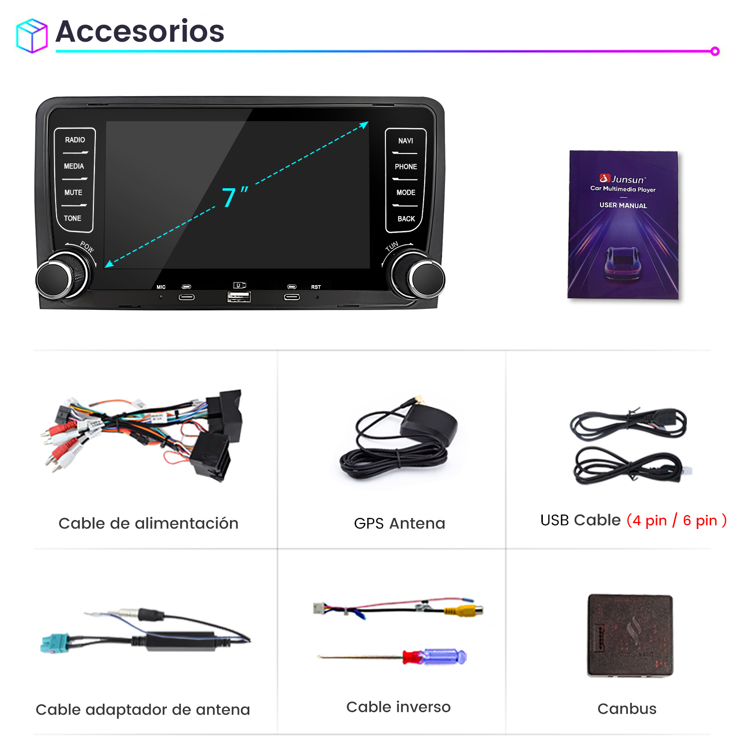 Un autorradio de 7 pulgadas con accesorios: cables, antena, USB, Canbus y manual.