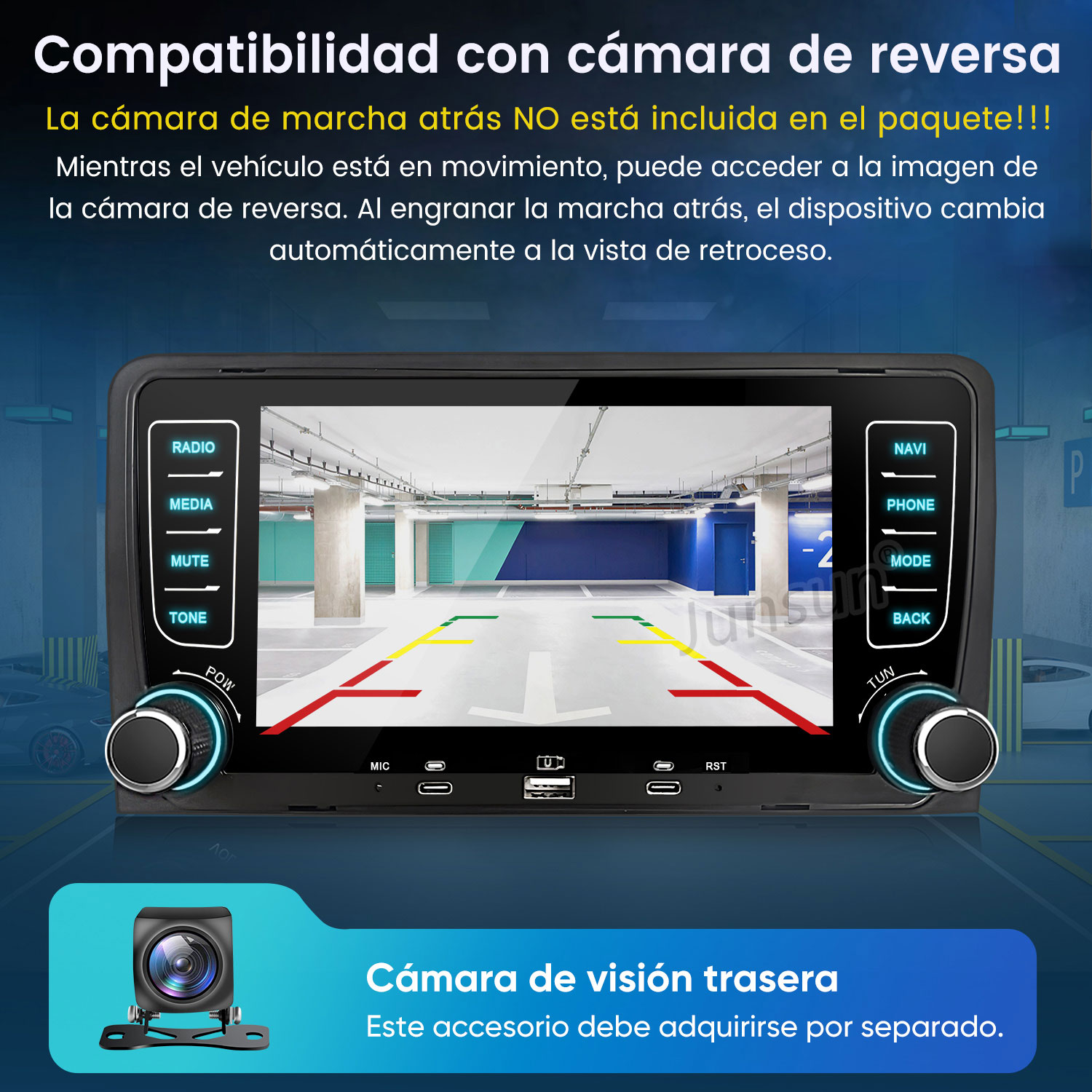 Sistema de cámara de marcha atrás de coche con pantalla y cámara.