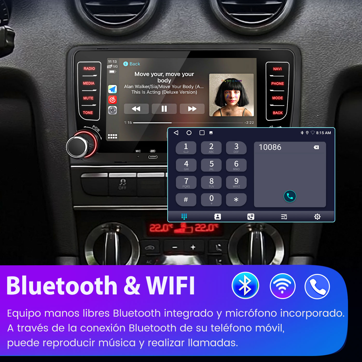 Pantalla de radio de coche muestra música y teclado numérico. Abajo: Bluetooth y WIFI.