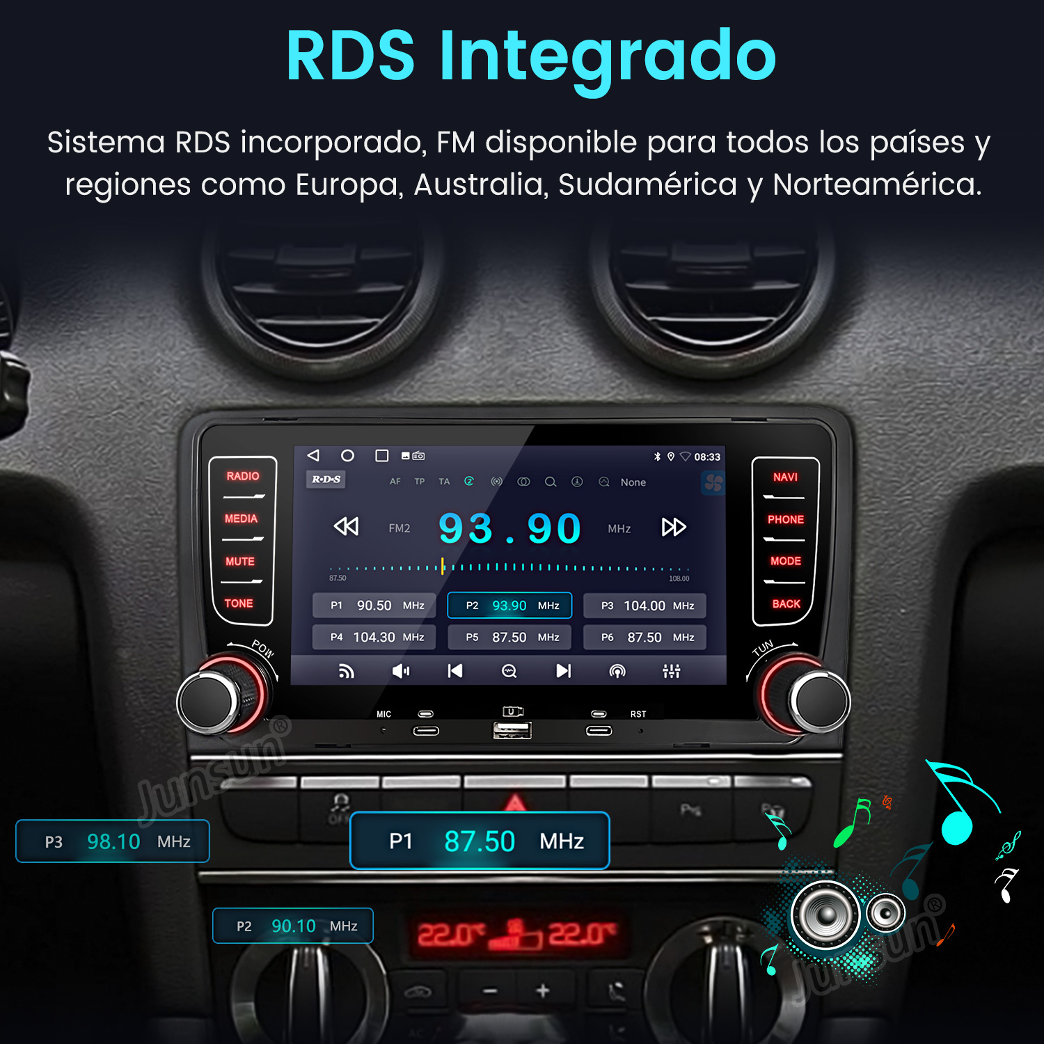 Un sistema de infoentretenimiento para coche con radio RDS mostrando frecuencias.