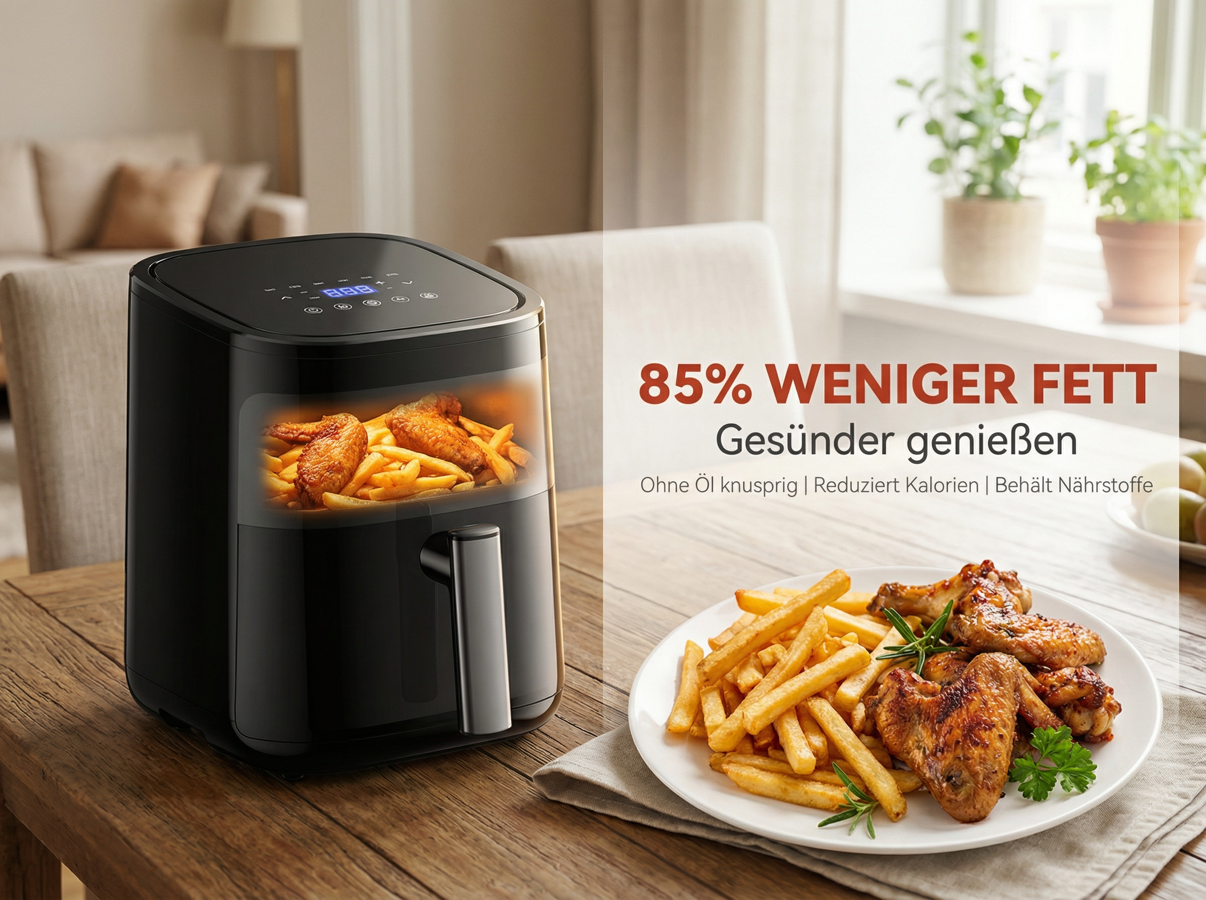 Schwarzer Heißluftfritteuse mit Pommes und Hähnchenflügeln auf einem Teller.
